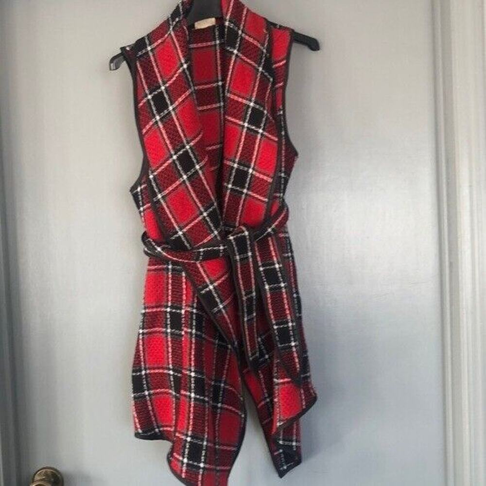 ETWO red Plaid Waterfall Front Wool Blend Vest Size Small Self Tie Shawl Collar